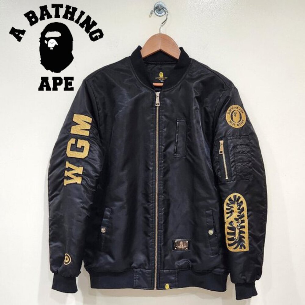 🦍🔥KILLER JACKET🔥🦍 VTG BAPE MA-1 Lined Flight Bomber Jacket in Black & Gold